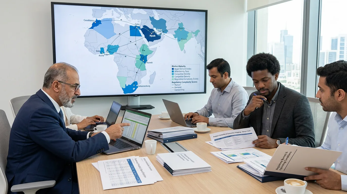 Market intelligence team reviewing African and Middle Eastern market routes